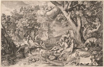 Kultainen ikä tekijältä Netherlandish 17th Century after Nicolaes de Bruyn after Abraham Bloemaert
