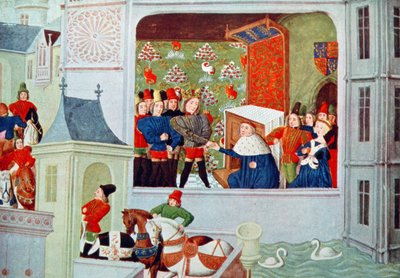 Harl 4380 f.117 Richard II:n ja Gloucesterin herttuan haastattelu Pleshy Castlessa, Froissart