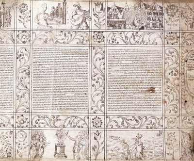 Valaistu käsikirjoitus sefardikirjoituksella, jossa näkyy kohtauksia hollantilaisesta elämästä ja Raamattu kukkakartusseilla, 1600-luku tekijältä Netherlandish School