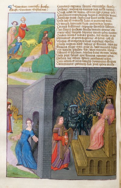 Ms 324 f.101 v. Orpheus ja Eurydice, Cerberus ja Pluto, Ovidiuksen luvusta Metamorphoses 10, 1479 tekijältä Netherlandish School