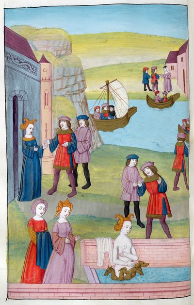 Ms 324 f.137 v. Scylla hylkää Glaucuksen, Circes rakkausjuoma muuttaa Scyllan, Ovidiuksen luvusta Metamorphoses 14, 1479 tekijältä Netherlandish School