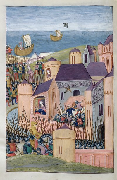 Ms 324 f.324 v. Minos piirittää Megaran. Scylla leikkaa petollisesti isänsä hiukset ja lähtee lentoon Ovidiuksen Metamorphoses 8:sta, 1479 tekijältä Netherlandish School