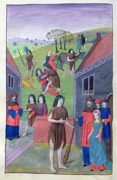 Ms 324 f.91 v. Hercules taistelee Achelousta vastaan ja tarttuu härkää sarvista, 1479 tekijältä Netherlandish School