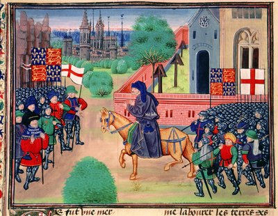 Roy 18 E I f.165v Talonpoikien kapina, jossa näkyvät Englannin ja St. Georgen liput, John Ball johtamassa kapinallisia, kuva 