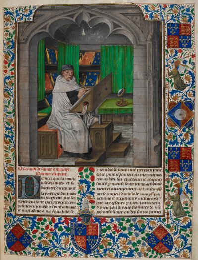 Royal 14 E. I f.3 Vincent de Beauvais lukemassa pöytänsä ääressä, "Speculum Historiale, Book I", Vincent of Beauvais ja Jean de Vignay (vellum) tekijältä Netherlandish School