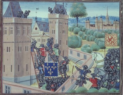 Royal 18 E.1 fol.345 Warkin linnan vangitseminen ranskalaisten ja skottien toimesta, Jean Froissartin (n. 1333-1404) Chroniques de France et d