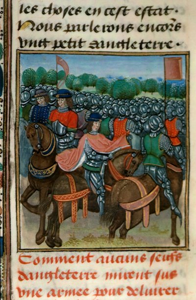 Royal 18 E.II fol.411v Kapina Henrik IV:ää (1367-1413) vastaan ​​Jean Froissartin (n. 1333-1404) Chroniques de France et d