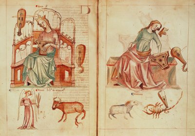 Sloane MS 3983 fol.42v-43 Venus soittamassa soitinta hallitsevilla merkeillään ja vahingossa, julkaisusta "Liber Astrologiae" (vellum) tekijältä Netherlandish School
