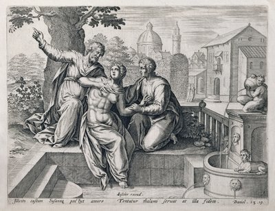 Susanna ja vanhimmat, sarjasta, joka kuvaa kohtauksia Raamatusta, pubi. kirjoittanut Claes Jansz Visscher (n. 1550 - n. 1612) n. 1590 tekijältä Netherlandish School