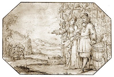 Neljä vuodenaikaa: Syksy - Sadonkorjuu, n. 1675 (kynä ja seepiamuste paperilla) tekijältä Netherlandish School