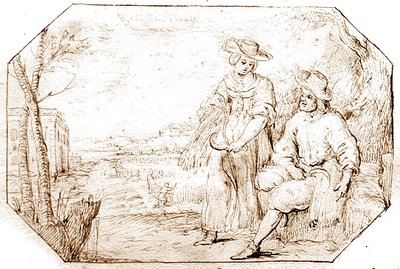 Neljä vuodenaikaa: Kesä - Korjuu, n. 1675 (kynä ja seepiamuste paperilla) tekijältä Netherlandish School