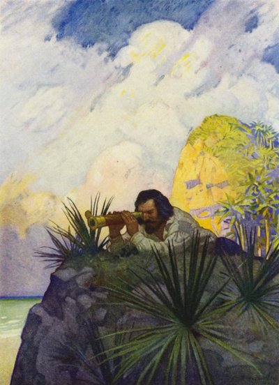 Kuvitus Robinson Crusoelle (väri litho) tekijältä Newell Convers (after) Wyeth
