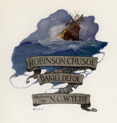Kuvitus Robinson Crusoelle (väri litho) tekijältä Newell Convers (after) Wyeth