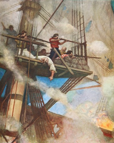 Taistelu Fire-topsissa englantilaista laivaa vastaan (värilitho) tekijältä Newell Convers (after) Wyeth