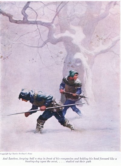 Ja Lawless pysyy puoli askelta seuralaisensa edessä ja piti päätään eteenpäin kuin metsästyskoira tuoksussa - tutki polkuaan, 1916 tekijältä Newell Convers Wyeth