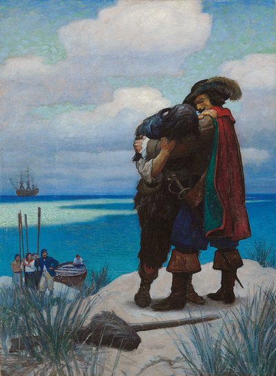 Aluksi, jonkin aikaa, en kyennyt vastaamaan hänelle yhtä sanaa; Mutta kun Hän oli ottanut minut syliinsä, pidin hänestä lujaa, tai minun olisi pitänyt kaatua maahan tekijältä Newell Convers Wyeth