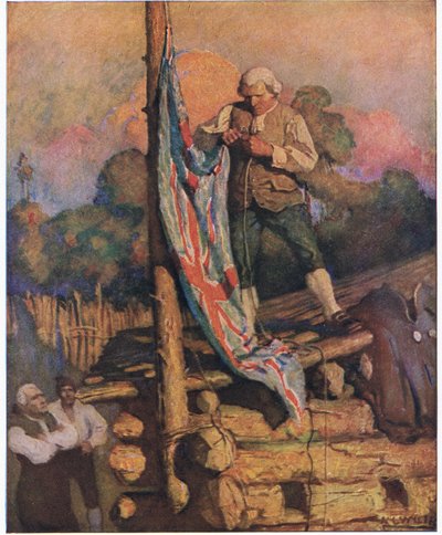 Kapteeni Smollett uhmaa kapinoijia: katolle kiipeäessään hän juoksi omalla kädellä värit ylös tekijältä Newell Convers Wyeth