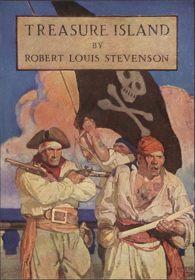 Robert Louis Stevensonin (1850 - 1894) pubi, Treasure Islandin pölytakki. 1915 tekijältä Newell Convers Wyeth