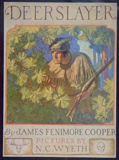 James Fennimore Cooperin (1759-1851) The Deerslayerin etukansi 1929 (värinen lito) tekijältä Newell Convers Wyeth