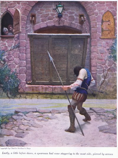 Viimeinkin vähän ennen aamunkoittoa, keihäsmies on tullut vallihaudalle nuolien lävistettynä, 1916 tekijältä Newell Convers Wyeth