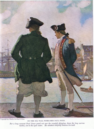 Meren seinällä John Paul Jonesin kanssa: John Paul katseli pitkän hetken merenkulkua satamaa pitkin avoveteen, 1928 tekijältä Newell Convers Wyeth