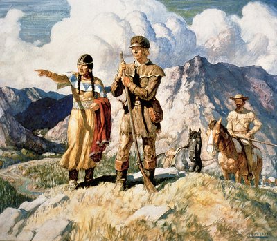 Sacagawea Lewisin ja Clarkin kanssa heidän tutkimusmatkallaan 1804-06 (värilitho) tekijältä Newell Convers Wyeth