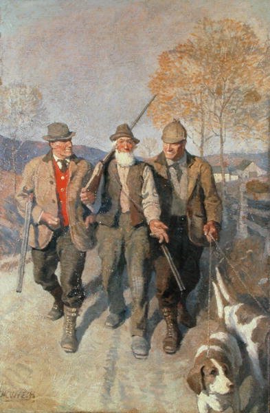 Kolme metsästäjää ja koiraa (öljy kankaalle) tekijältä Newell Convers Wyeth