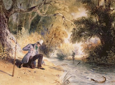 Pike Fishing, Landing a Jack, n.1839 (akvarelli paperille) tekijältä Newton Fielding