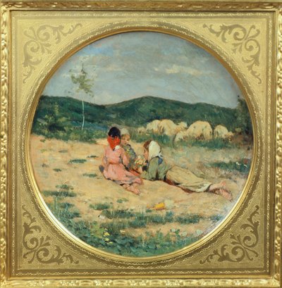 Paimenhahmoilla maalattu lautanen, Niccolo Cannicci, noin 1880, öljy terrakottalautaselle tekijältä Niccolo Cannicci