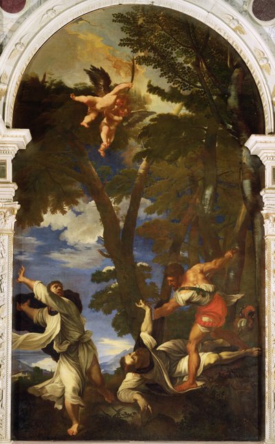 Palkattujen salamurhaajien puukottama Pyhän Pietarin marttyyri (kopio Tizianin maalauksesta, joka katosi Rosary Chapelin tulipalossa) tekijältä Niccolo Cassana