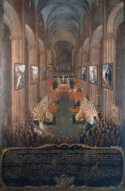 Trenton kirkolliskokouksen avajaisistunto vuonna 1545, yksityiskohta. tekijältä Niccolo Dorigati