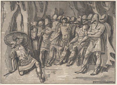 Ajax alhaalla vasemmalla kilveä ylhäällä, oikealla seisoo Agamemnon hänen..., 1540-50 ympäröimänä. tekijältä Niccolo Vicentino