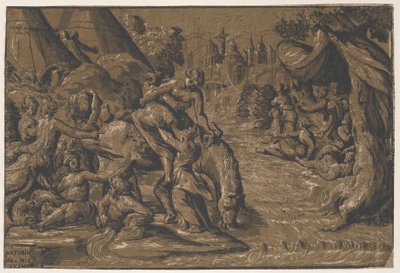 Roomalainen sankari Cloelia keskellä autettua hevosen selkään, taustalla Rooma,..., 1540-50 tekijältä Niccolo Vicentino