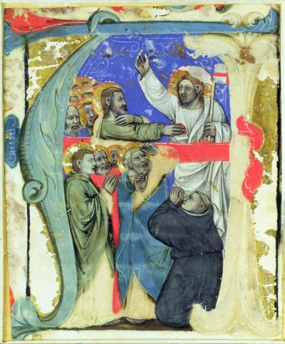 Historioitu alkukirjain "A", joka kuvaa St. Thomasin uskomattomuutta, n. 1370 tekijältä Niccolo di Giacomo