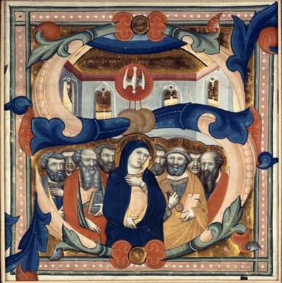 Historioitu alkukirjain "S", joka kuvaa Pyhän Hengen laskeutumista, 1300-luvun puoliväli tekijältä Niccolo di ser Sozzo Tegliacci