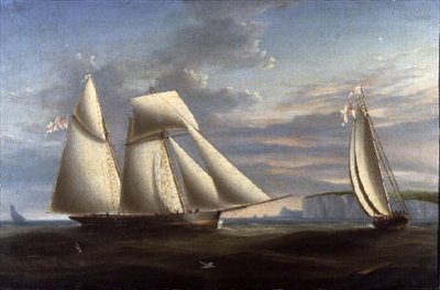 Topsail kuunari ja Royal Yacht Squadronin kuunari Dorsetin rannikolla (paneeli). tekijältä Nicholas (circle of) Condy