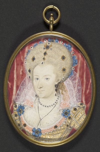 Anne of Denmark, n. 1600 (kortille asetettu guassi tarranauhalla) tekijältä Nicholas (studio of) Hilliard