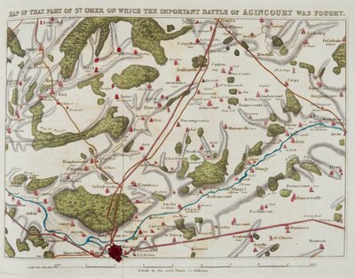 Kartta St. Omerin osasta, jolla käytiin tärkeä Agincourtin taistelu, esimerkki teoksesta The History of Agincourt; ja Henrik Viidennen matkasta Ranskaan..." tekijältä Nicholas Harris Nicolas
