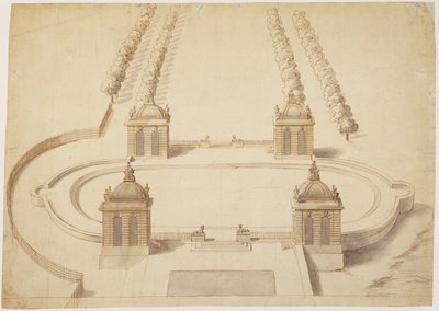 Suunnittelu Bowling Greenille, Hampton Court, n. 1689-1691 (kynä ja ruskea muste, pesu ja grafiitti paperilla) tekijältä Nicholas Hawksmoor