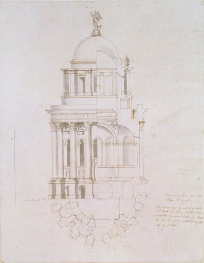 Toteutumattoman kastekappelin korkeus, poikkileikkaus ja suunnitelma Pyhän Paavalin katedraalille, n. 1711-1712 (kynä ja mustepesu paperille) tekijältä Nicholas Hawksmoor