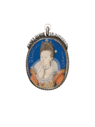 Nainen kultaisessa mekossa korkealla röyhelöllä, 1605 tekijältä Nicholas Hilliard