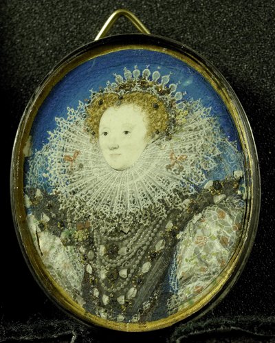 Elizabeth I Englannin kuningatar, n. 1600 (pergamentti, hopea ja lasi) tekijältä Nicholas Hilliard