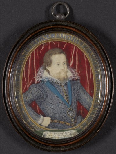 James I Englannista ja VI Skotlannista, n. 1610 (w/c, guassi ja kulta, kynä ja musta muste tarranauhalla) tekijältä Nicholas Hilliard