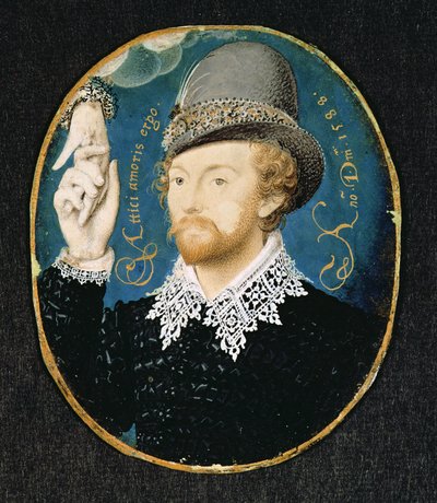 Mies puristaa kättä pilvestä, mahdollisesti William Shakespeare, 1588 tekijältä Nicholas Hilliard