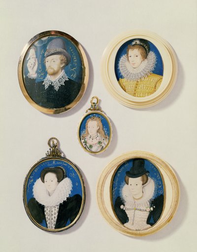 Miniatyyrit L:stä R, T:hen B: Mies kädellä pilvestä; Tuntematon nuori mies, 1588; rouva Holland 26, 1593; Arabella Stuart, Lennoxin herttuatar; Tuntematon Lady tekijältä Nicholas Hilliard