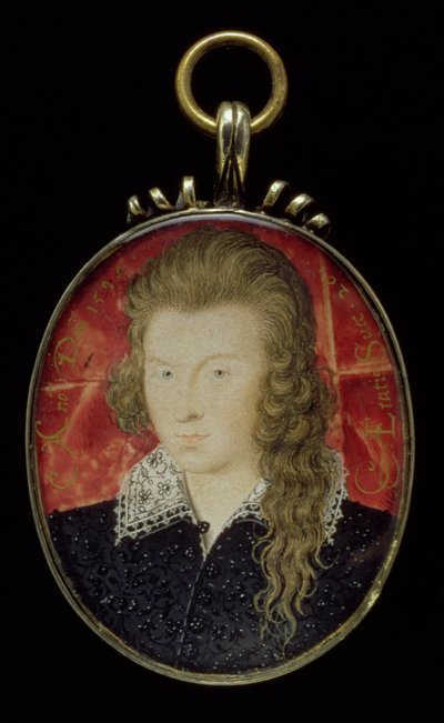 Nro 3856 Henry Wriothesley, Southamptonin 3. jaarli (1573-1624), noin 1594 (guassi pergamentille). tekijältä Nicholas Hilliard