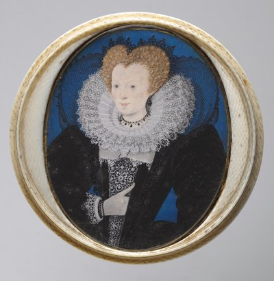 Naisen muotokuva, n. 1590 (akvarelli persukankaalla alkuperäisessä norsunluukotelossa) tekijältä Nicholas Hilliard