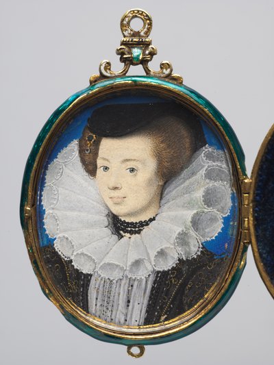 Naisen muotokuva, n. 1593 (akvarelli persukankaalla kultaisessa ja emaloidussa medaljongissa) tekijältä Nicholas Hilliard