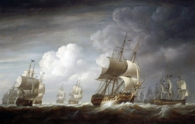 Intialaisten alusten laivasto, Itä-Intian kauppakomppanian brittiläisiä aluksia. Öljy kankaalle tekijältä Nicholas Pocock