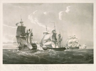 Guillaume Tel -aluksen ja HMS Penelopen välinen taistelu, 30. maaliskuuta 1800. tekijältä Nicholas Pocock
